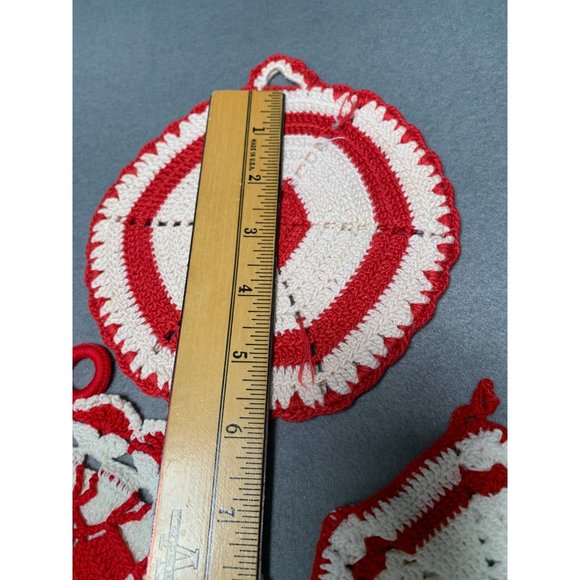 Handcrafted Vintage Crochet Potholders Set of 3 Red & White Cotton Kitchen Decor - Picture 6 of 7